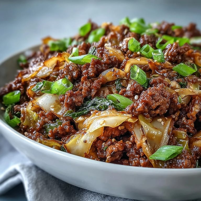 Steaming Chinese Ground Beef and Cabbage Stir-Fry in a wok, topped with sliced green onions and sesame seeds for a crunchy finish.