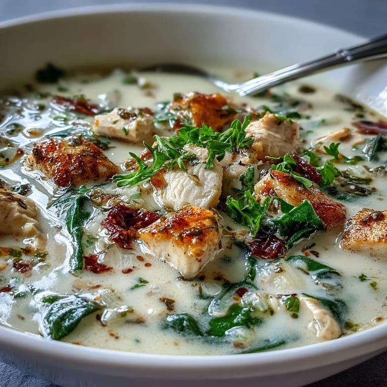 Steaming bowl of Garlic Parmesan Chicken Soup with wilted spinach, served alongside a slice of crusty bread.
