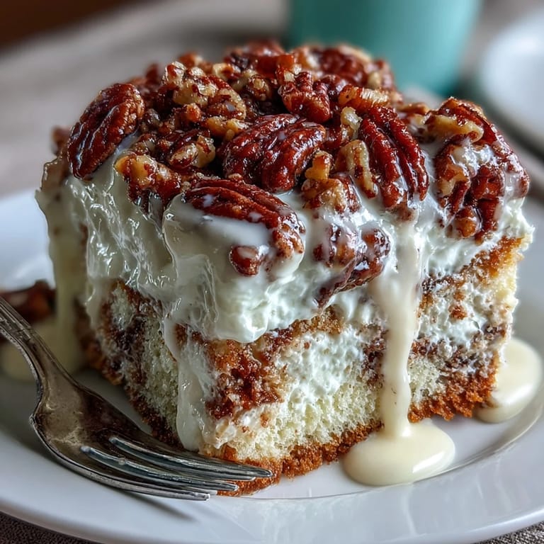 A slice of Butter Pecan Tres Leches Cake reveals soaked sponge layers and crunchy toasted pecans next to a tall glass of milk.