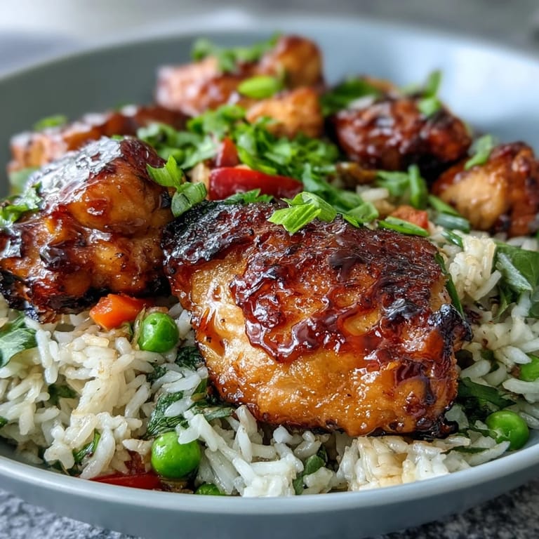 A hearty family dinner of One-Pan Bold Honey BBQ Chicken Rice with steam rising from golden rice, peas, and glazed chicken in a skillet.