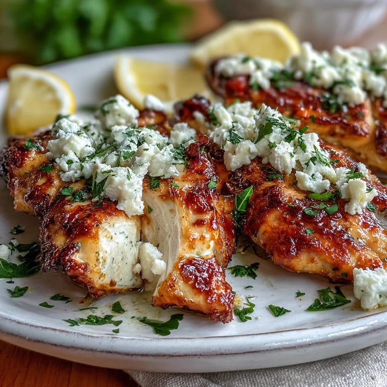 Juicy Greek Chicken with Lemon and Feta served next to a crisp Greek salad and warm pita bread.