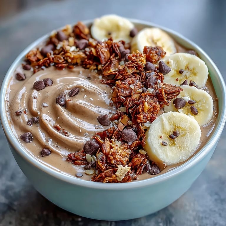 Healthy Chunky Monkey smoothie bowl with hemp seeds and chocolate chips for a nutritious breakfast or snack.