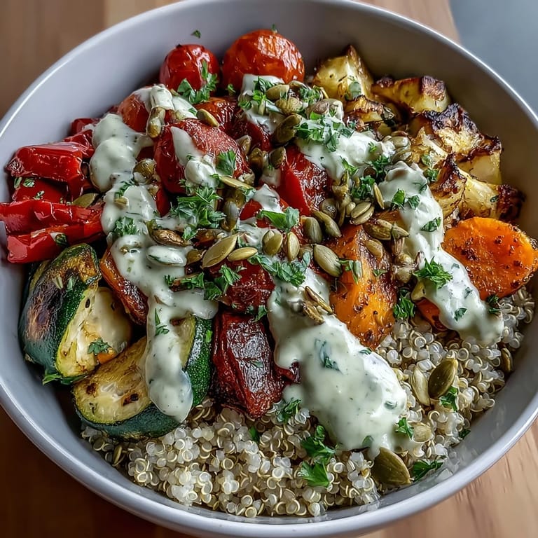 Colorful roasted bell peppers, zucchini, and cherry tomatoes sit over fluffy quinoa in this healthy vegan bowl.
