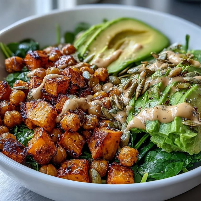 Vibrant Roasted Sweet Potato and Chickpea Bowl topped with garlicky spinach, avocado slices, and crunchy pumpkin seeds for a hearty meal.