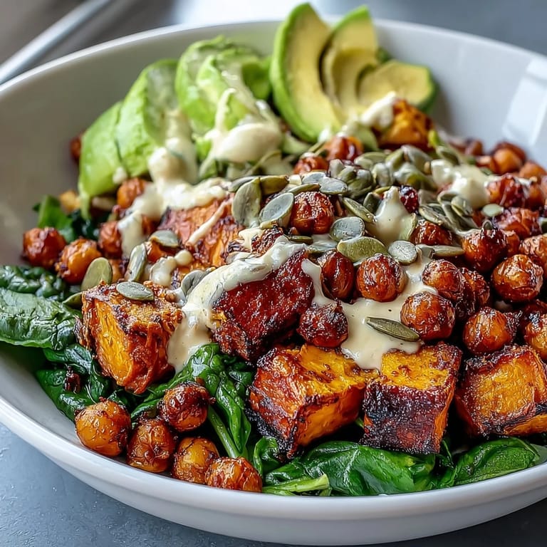 Dinner is served with this Roasted Sweet Potato and Chickpea Bowl featuring warm, caramelized vegetables and a creamy, smoky tahini drizzle.
