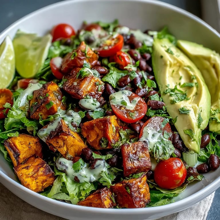 A close-up of the Sweet Potato and Black Bean Bowl shows creamy avocado and chopped cilantro, served with lime wedges.