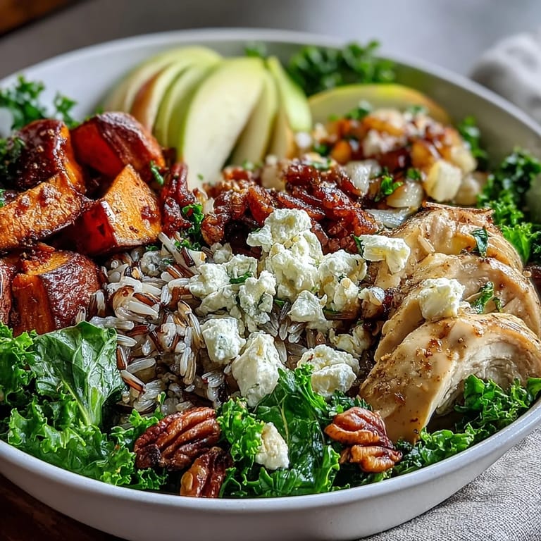 A close-up of a fresh Harvest Bowl shows vibrant kale, fluffy wild rice, tender roasted sweet potatoes, and sliced chicken. Toppings include crumbled goat cheese, crunchy almonds, and sweet diced apples, all tossed in a rich balsamic glaze.