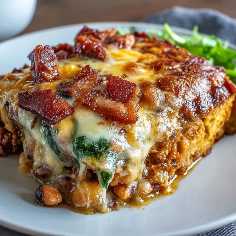 Close-up of a serving spoon scooping Tex Mex Black Eyed Pea Casserole with spinach.