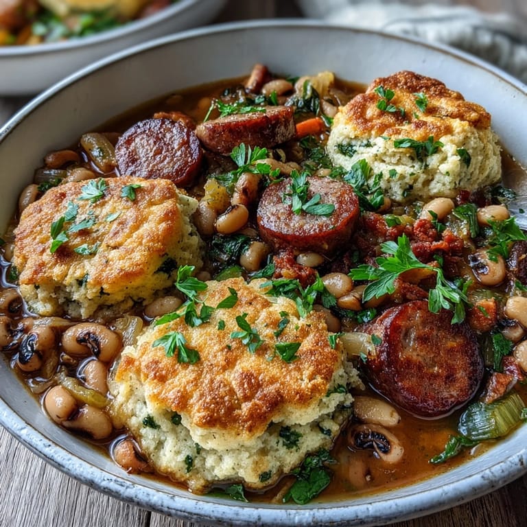Stovetop pot of bubbling Black-Eyed Peas and Sausage Dumplings, with golden dumplings and steam rising, ready for a comforting Southern-inspired dinner.