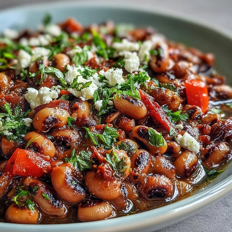 Savory Greek-Style Slow Cooker Black-Eyed Peas ladled into a rustic bowl, garnished with feta cheese and olive oil.