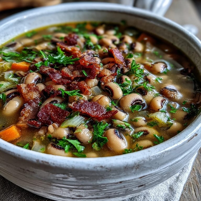 Spoon lifting a serving of Black-Eyed Peas and Bacon Soup, revealing tender peas and diced carrots in broth.