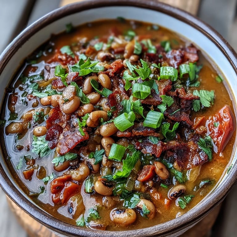 A close-up of Big Pot of Texas Black-Eyed Peas showing smoky bacon and diced tomatoes in the rich broth.