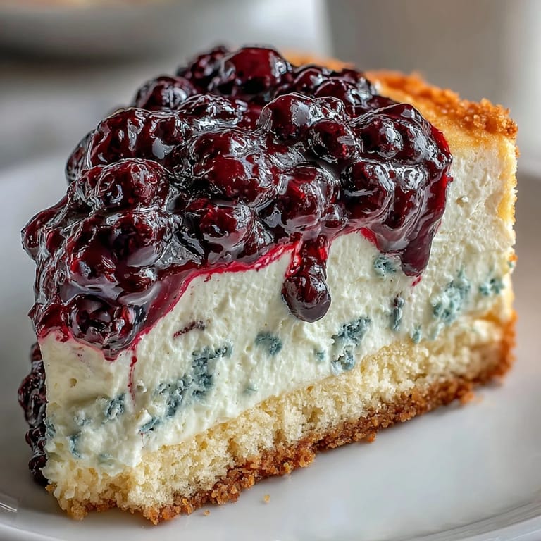 A close-up reveals creamy Lemon Blueberry Shortbread Mousse Cake with tangy lemon filling and juicy blueberry compote layered over buttery crust.