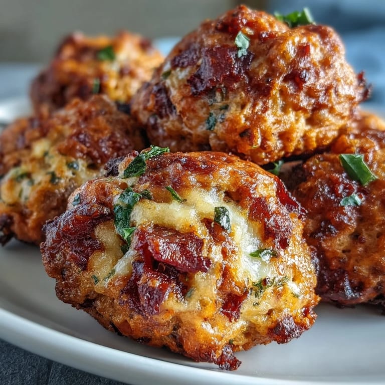 Homemade Rotel Sausage Balls with a tender, cheesy interior and golden crust, showcasing bits of spicy diced tomatoes and green chilies.