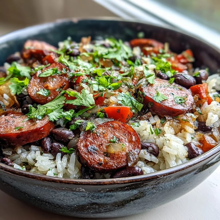 A rustic cast-iron skillet showcases the finished Black Beans, Sausage, and Rice Skillet garnished with fresh cilantro and lime wedges.