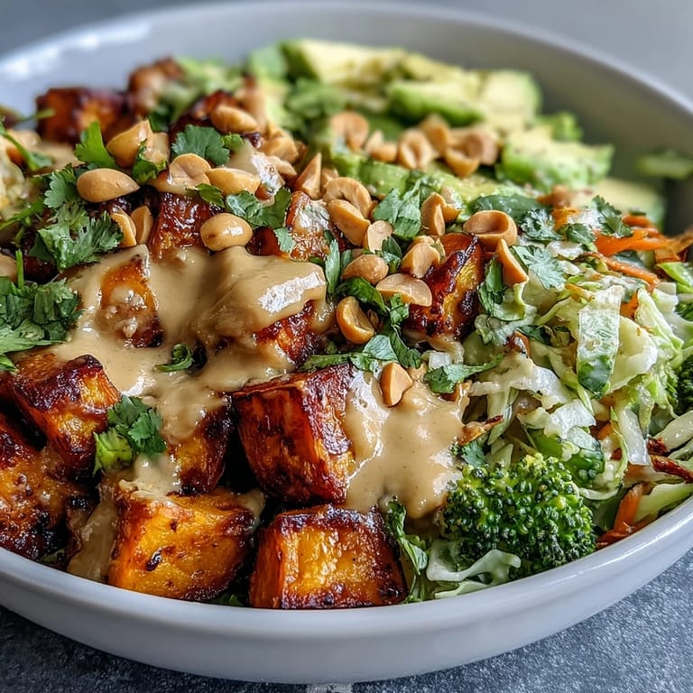 A nourishing bowl of Thai Peanut Sweet Potato Buddha Bowl drizzled with sauce, perfect for weeknight meal prep.