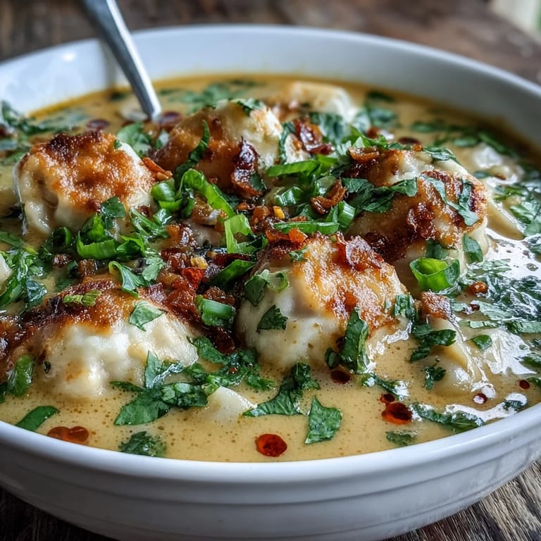 Quick Coconut Curry Soup with Dumplings served hot, topped with chili oil and sliced scallions.