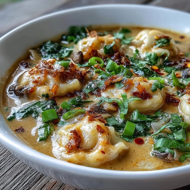 Spoon lifting a vegan dumpling from Quick Coconut Curry Soup with red Thai curry garnishes.