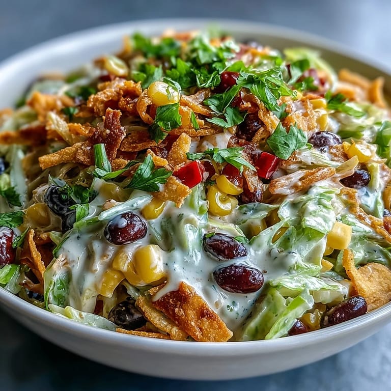 Southwestern Frito Cowboy Cabbage salad topped with crunchy Chili Cheese Fritos and fresh cilantro on a plate.
