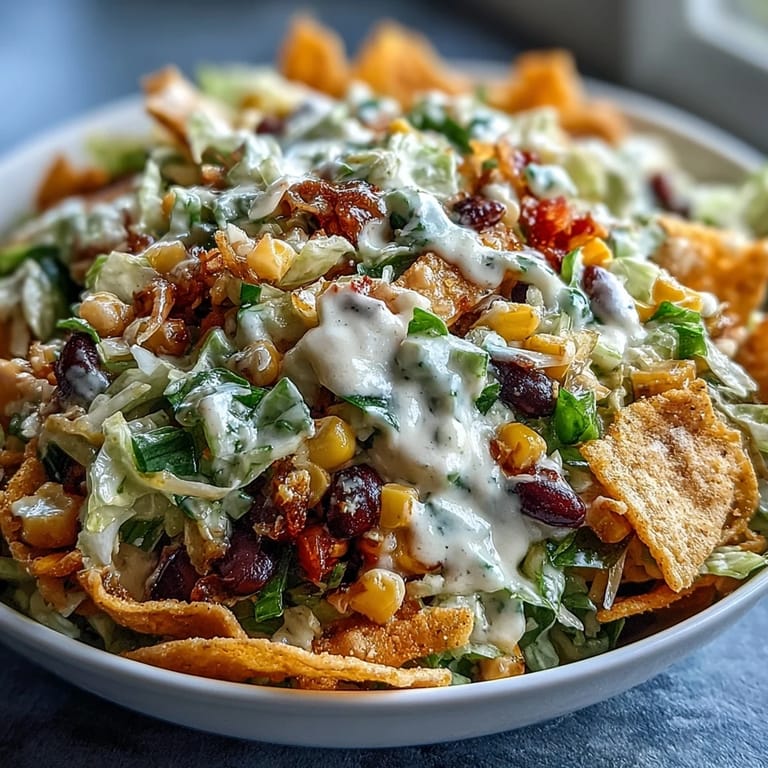 Zesty Frito Cowboy Cabbage side dish mixed with a smoky chipotle dressing and colorful peppers for a gathering.