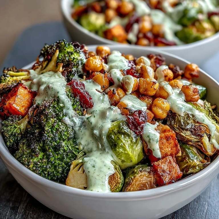 A close-up view reveals caramelized vegetables and crunchy chickpeas in a bowl, finished with a drizzle of rich, creamy Maple Dijon Tahini Dressing.
