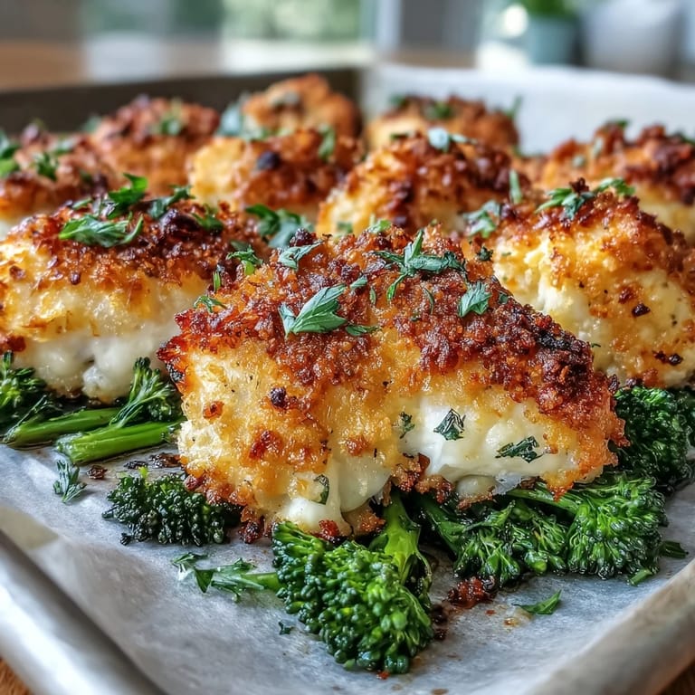 Roasted chicken breasts with crispy Parmesan crust next to vibrant, tender broccoli florets on a parchment-lined baking tray.