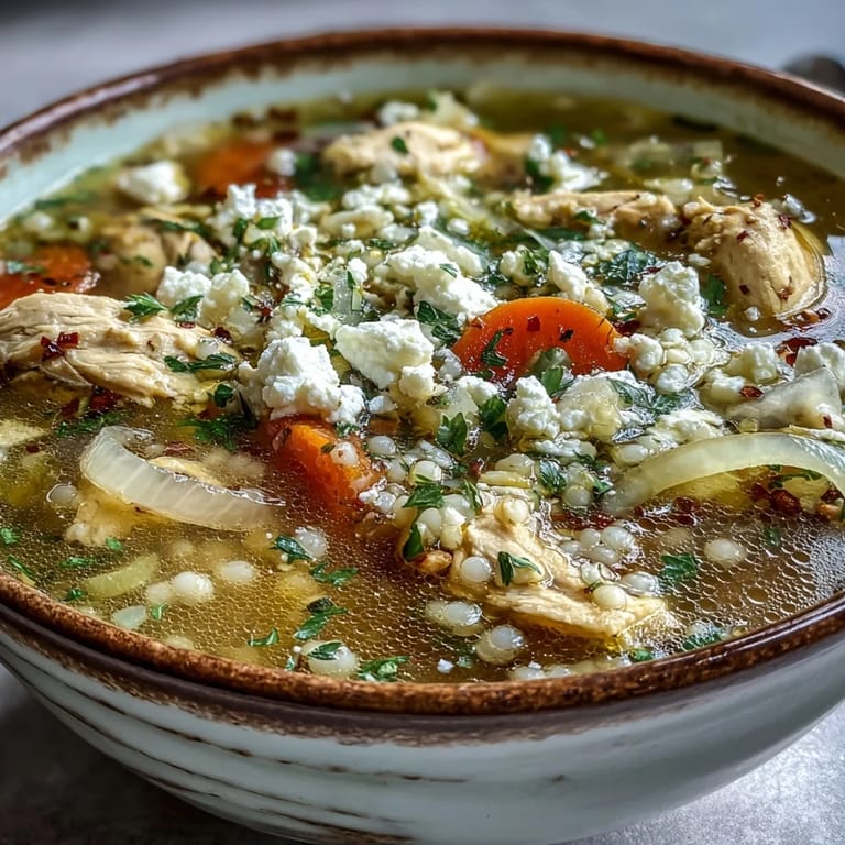 A comforting bowl of Greek Chicken & Pearl Couscous Soup with lemon wedges on the side.