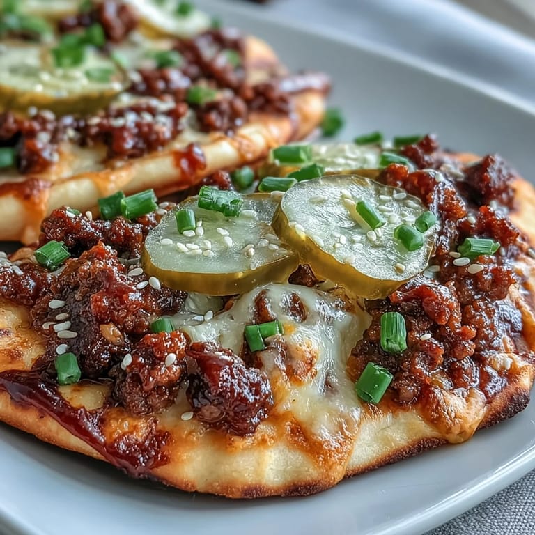 Mouthwatering Cheeseburger Garlic Naan Pizzas loaded with seasoned beef, tangy pickles, and drizzled ketchup on a cozy plate.