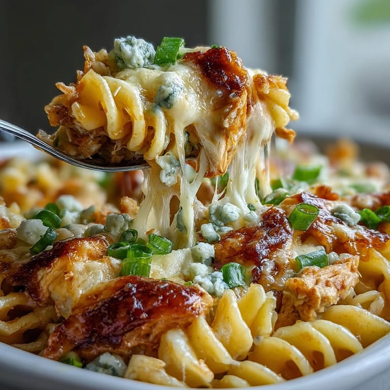 A close-up shows rotini pasta and tender shredded chicken coated in spicy buffalo sauce and rich ranch cream. 
