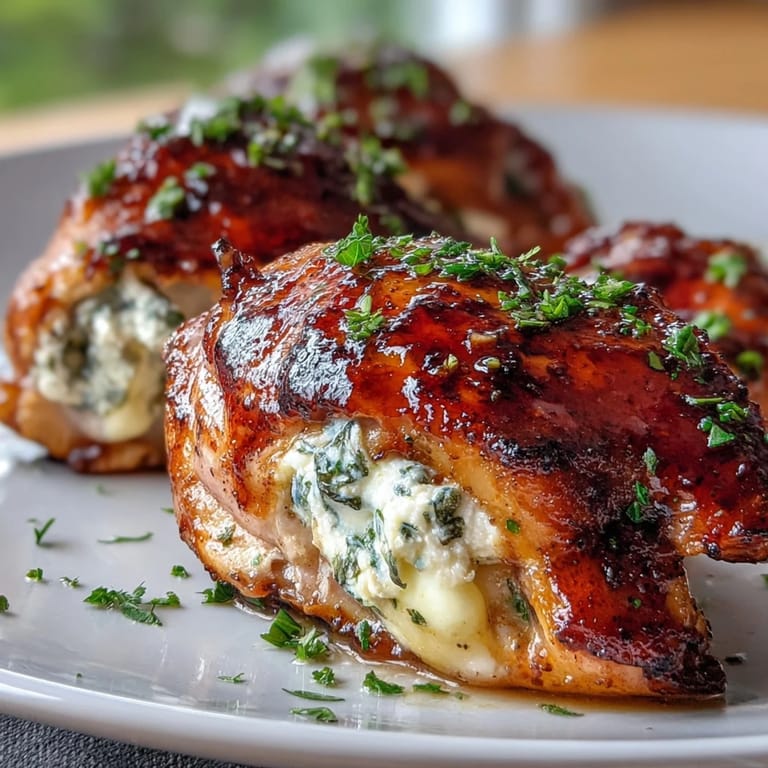 Glossy, vibrant hot honey glaze drips down the baked Hot Honey Ricotta Stuffed Chicken, paired with a fresh green salad.