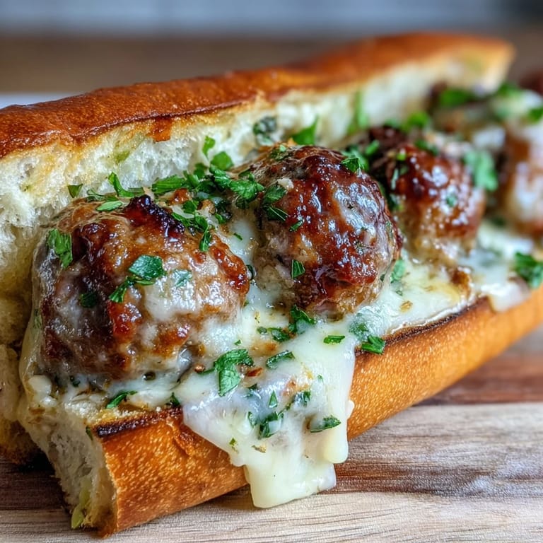 Savor these Garlic Parmesan Turkey Meatball Subs, a savory sandwich garnished with fresh parsley and melted mozzarella.