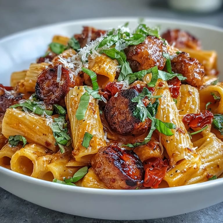 Close-up of One-Pot Creamy Red Wine Sausage Pasta showing penne in a rich, creamy red wine tomato sauce.