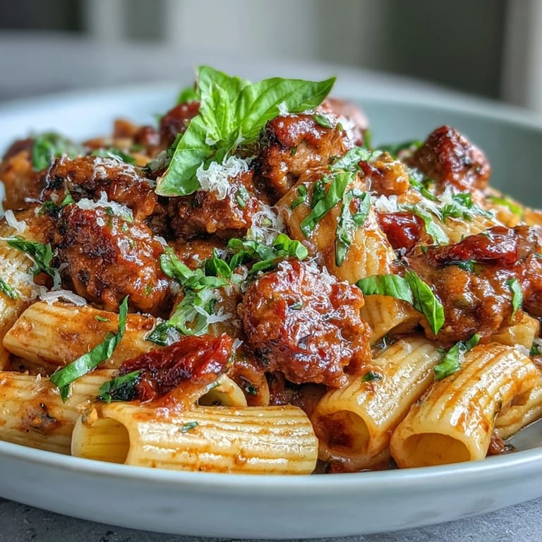 Family-style bowl of One-Pot Creamy Red Wine Sausage Pasta topped with grated Parmesan and red pepper flakes.