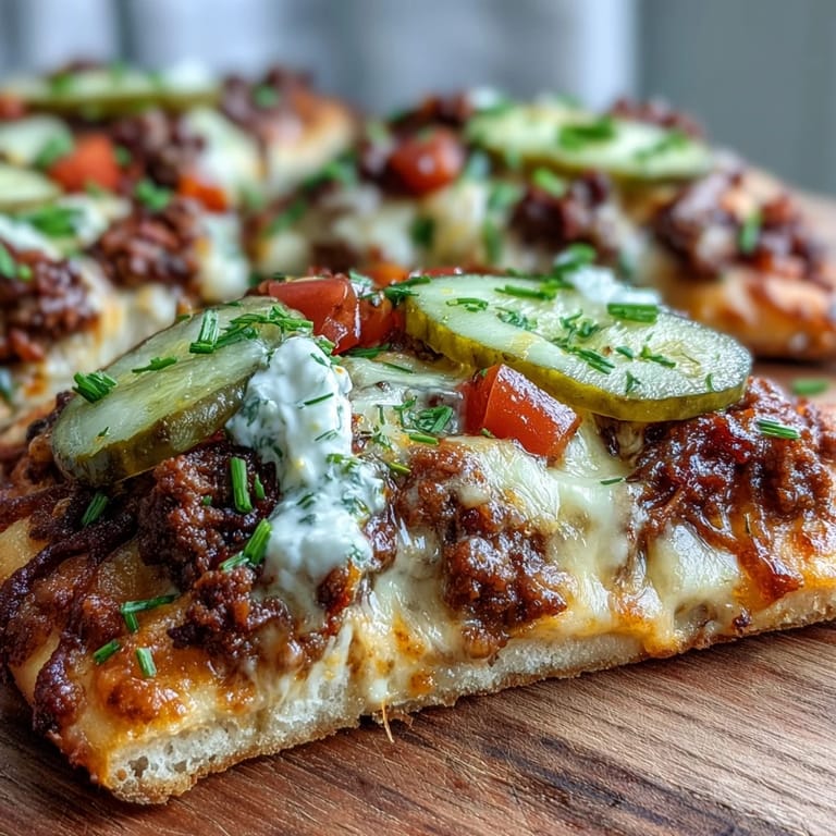 Golden baked Cheeseburger Garlic Naan Pizzas topped with dill pickles and fresh chives on a white plate.