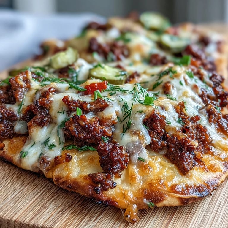 Sizzling skillet beef and melted cheese sauce bubbling over warm Cheeseburger Garlic Naan Pizzas.
