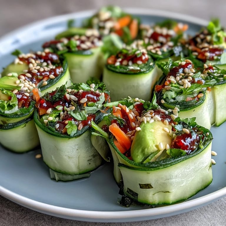 Uplifting Light Cucumber Avocado Rolls with Sesame ready to eat, featuring vibrant veggies and a savory dipping sauce perfect for healthy appetizers.
