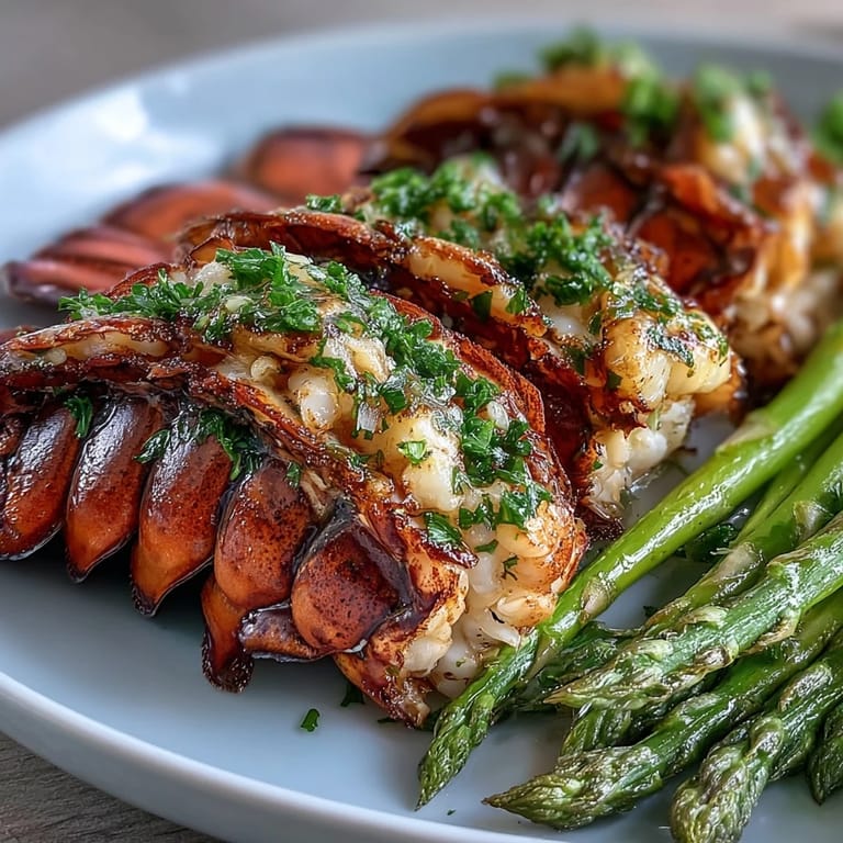 Golden Keto Garlic Butter Lobster Tails with Asparagus plated with lemon wedges, a keto-friendly meal ready to serve.