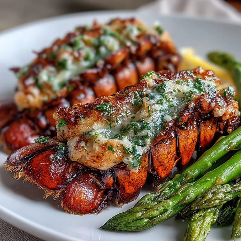 Tender lobster tails with crisp asparagus on a baking sheet, brushed with savory garlic butter and fresh herbs.