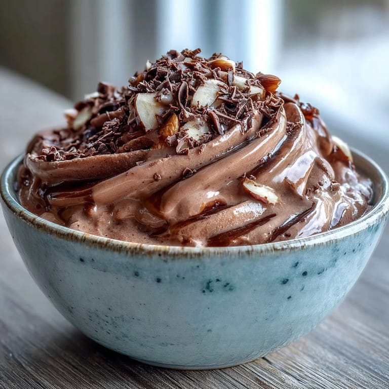A thick, creamy scoop of Vegan Chocolate Banana Nice Cream with almond butter and chocolate shavings.