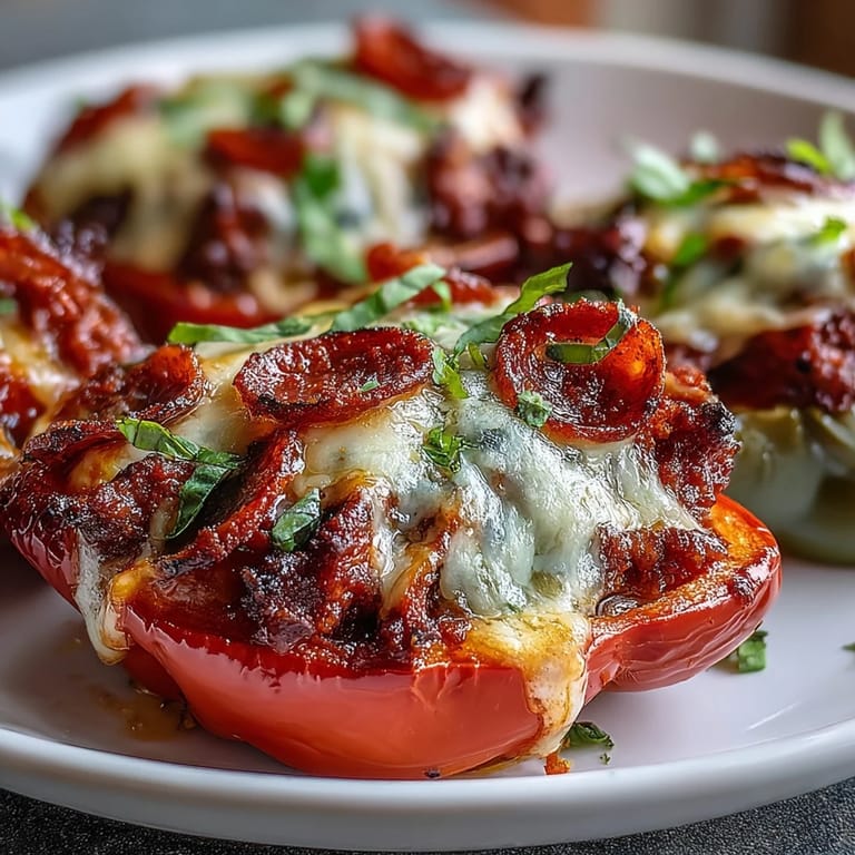 Bell peppers overflowing with savory marinara and gooey mozzarella, served as a low-carb family dinner. 