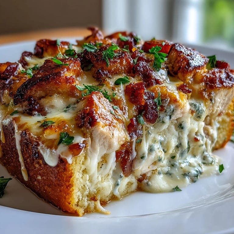 A close-up reveals creamy, melted Swiss cheese coating chicken and ham inside this low-carb Keto Chicken Cordon Bleu Casserole.