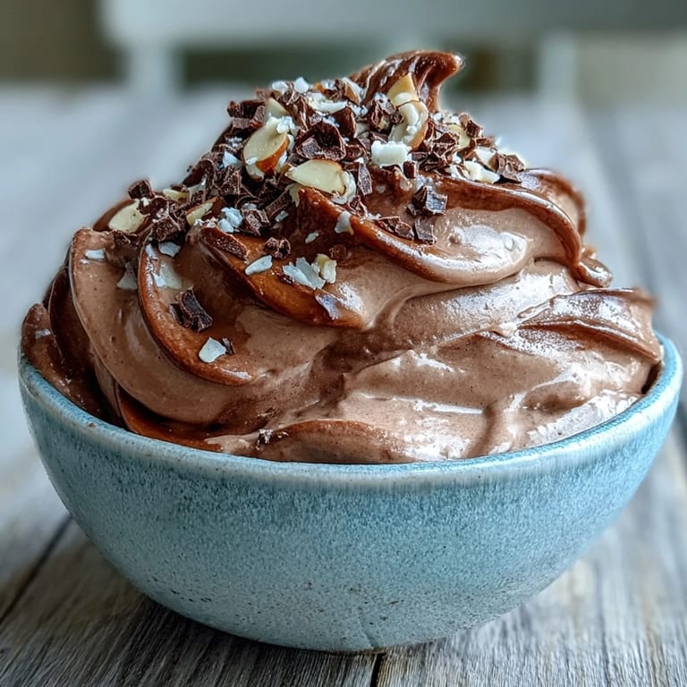 Dairy-free Vegan Chocolate Banana Nice Cream served soft-serve style with almond butter drizzle and toasted almonds.