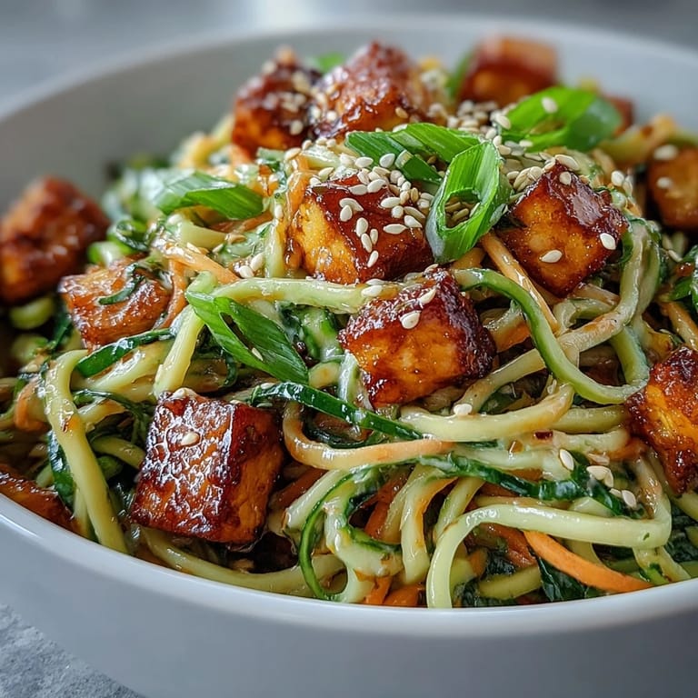 A close-up of TikTok-Style Chili Crisp Cucumber Noodle Bowls featuring golden pan-fried tofu, scallions, and fresh cilantro on chilled noodles.