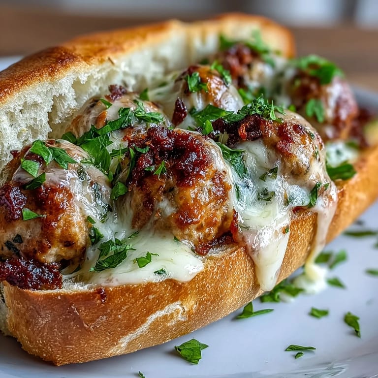 Savor these Garlic Parmesan Turkey Meatball Subs, a savory sandwich garnished with fresh parsley and melted mozzarella.