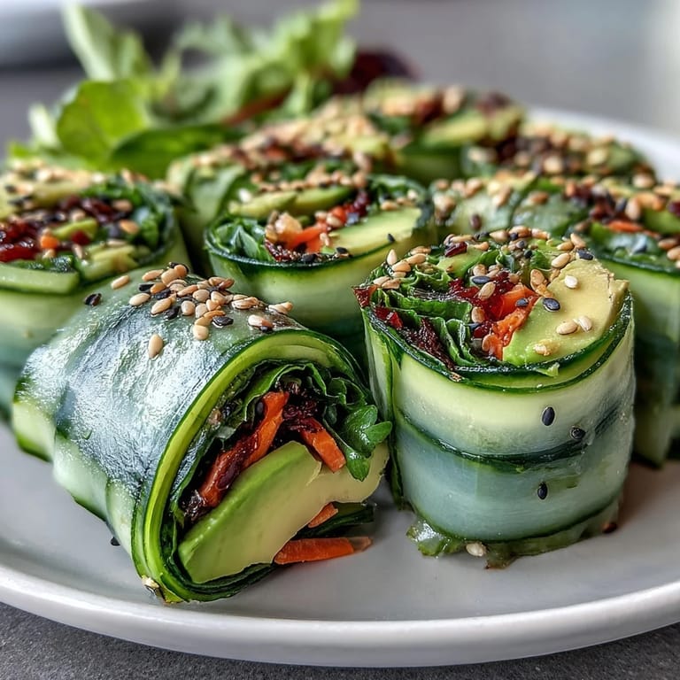 Uplifting Light Cucumber Avocado Rolls with Sesame ready to eat, featuring vibrant veggies and a savory dipping sauce perfect for healthy appetizers.