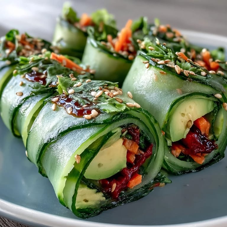 Thin spirals of Light Cucumber Avocado Rolls with Sesame arranged on a plate, garnished with sesame seeds and herbs for a light snack.