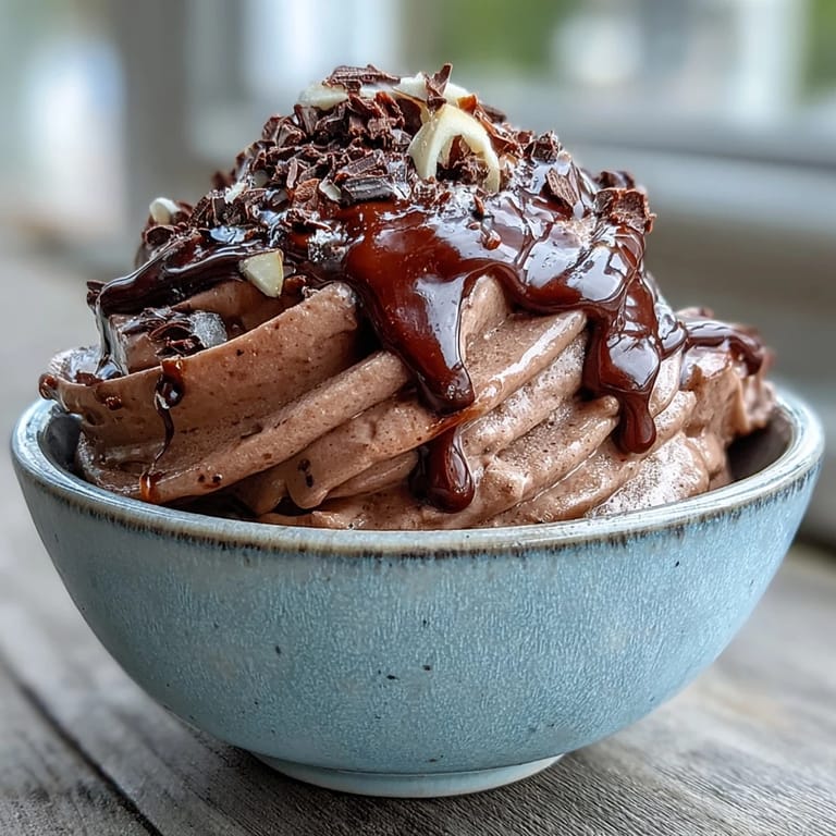A thick, creamy scoop of Vegan Chocolate Banana Nice Cream with almond butter and chocolate shavings.