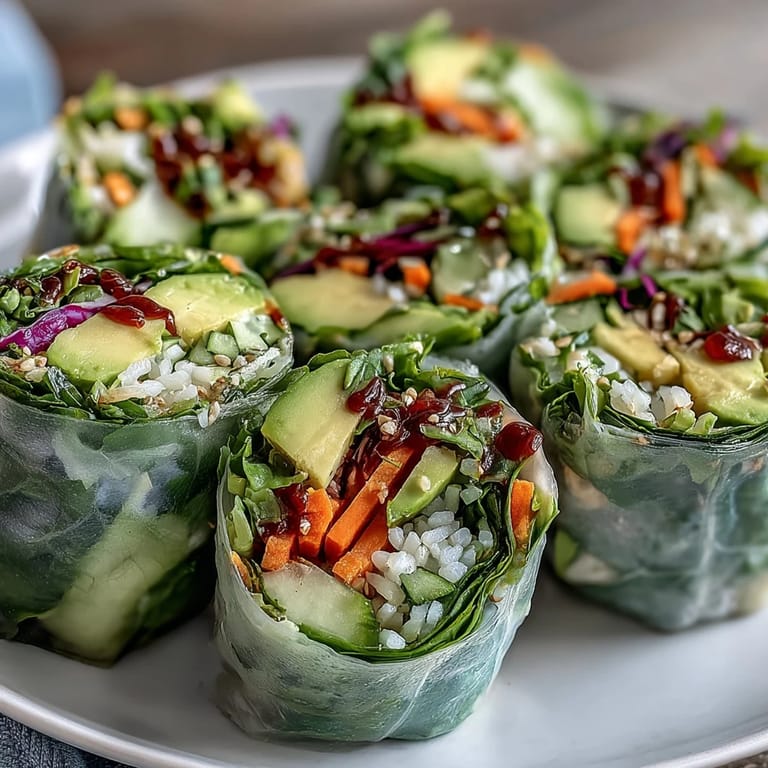 Two colorful Vegan Mango Avocado Spring Rolls on a platter, filled with mango, avocado, carrots, and cabbage.