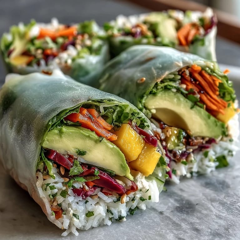 Vibrant Vegan Mango Avocado Spring Rolls paired with a small bowl of sweet chili sauce and lime wedges.