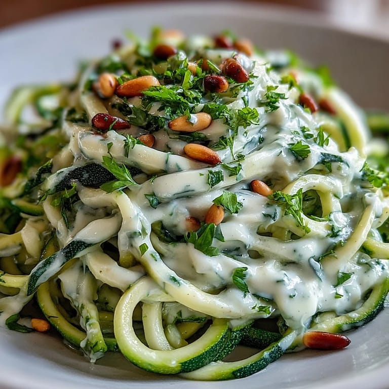 Creamy Vegan Cashew Alfredo tossed with tender sautéed zucchini noodles, topped with fresh parsley and toasted pine nuts.